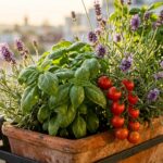 Sunlit apartment balcony railing planter with thriving herbs and cherry tomatoes