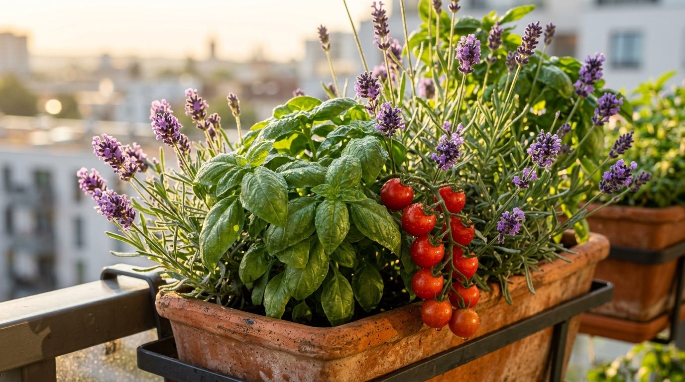 Sunlit apartment balcony railing planter with fresh basil, lavender, and ripening cherry tomatoes