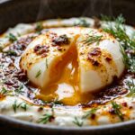 Ultra close-up macro of authentic Turkish poached eggs with garlic yogurt and shimmering warm chili butter for an autumn brunch