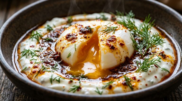 Ultra close-up macro of authentic Turkish poached eggs with garlic yogurt and shimmering warm chili butter for an autumn brunch