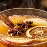 Ultra close-up macro of steaming warm spiced apple cider garnished with cinnamon stick, star anise, and dehydrated orange slice