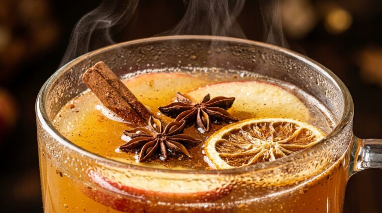 Ultra close-up macro of steaming warm spiced apple cider garnished with cinnamon stick, star anise, and dehydrated orange slice