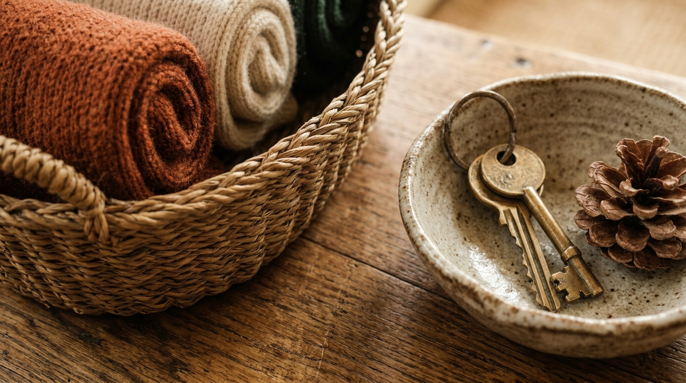 Ultra close-up macro of an autumn entryway drop zone on an oak console with a woven seagrass basket holding rolled wool scarves and a ceramic key dish