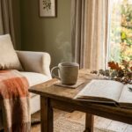 Cozy autumn morning self-care table with ceramic herbal tea mug, journal, and lit candle