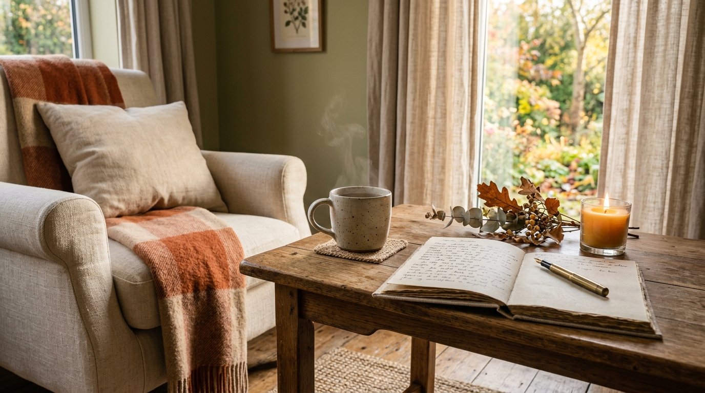 Cozy autumn morning self-care table with ceramic herbal tea mug, journal, and lit candle