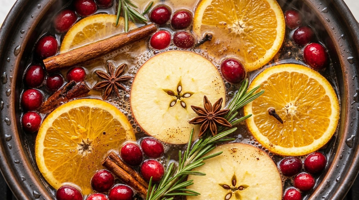 Enameled Dutch oven gently simmering on a bright white quartz countertop with sliced apples, oranges, cranberries, and cinnamon