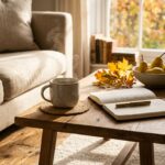 Tranquil autumn morning slow living table with ceramic tea mug, open journal, and fresh pears