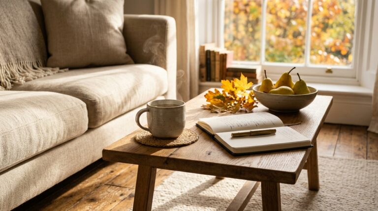 Tranquil autumn morning slow living table with ceramic tea mug, open journal, and fresh pears