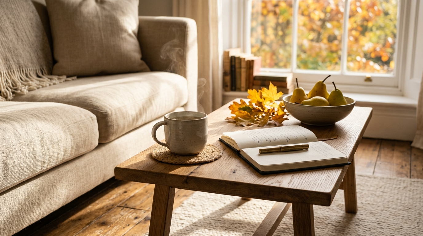 Tranquil autumn morning slow living table with ceramic tea mug, open journal, and fresh pears