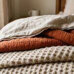 Ultra close-up macro eye-level shot of textured autumn bed layers with washed oatmeal linen, a terracotta quilted coverlet, and a chunky waffle throw
