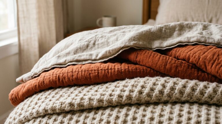 Ultra close-up macro eye-level shot of textured autumn bed layers with washed oatmeal linen, a terracotta quilted coverlet, and a chunky waffle throw