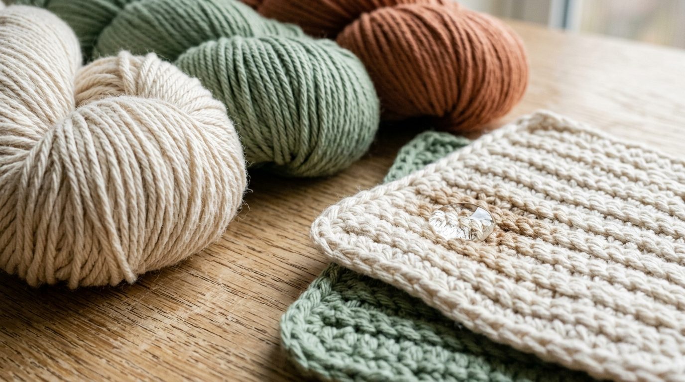 Assortment of premium 100% cotton yarn skeins with finished absorbent crochet drink coasters