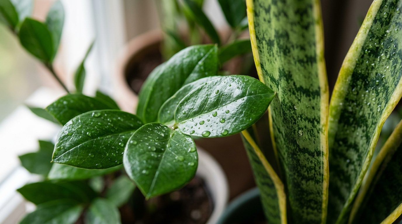 Ultra close-up macro of glossy deep green ZZ plant and snake plant leaves with micro water beads