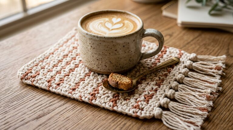 Modern boho cream and terracotta crochet mug rug with fringe tassels holding a ceramic coffee mug