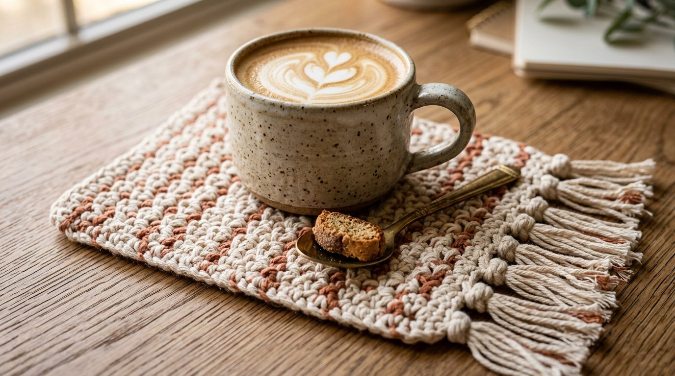 Modern boho cream and terracotta crochet mug rug with fringe tassels holding a ceramic coffee mug