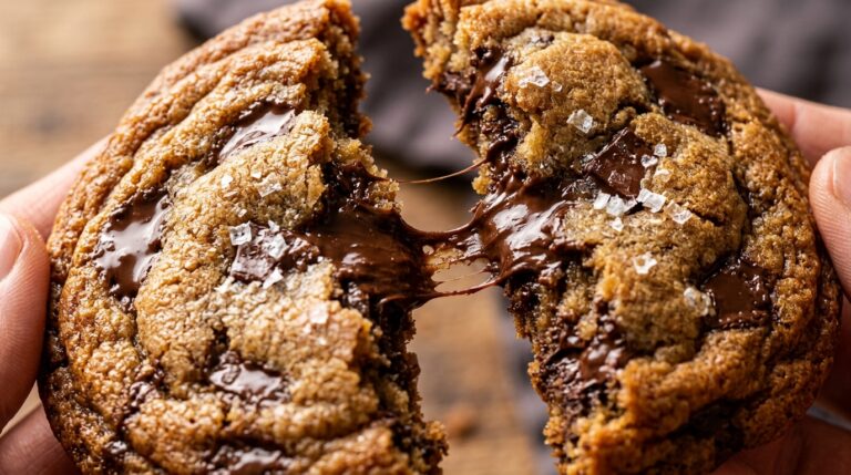 Ultra close-up macro of warm chewy brown butter chocolate chip cookies pulled apart with melted chocolate