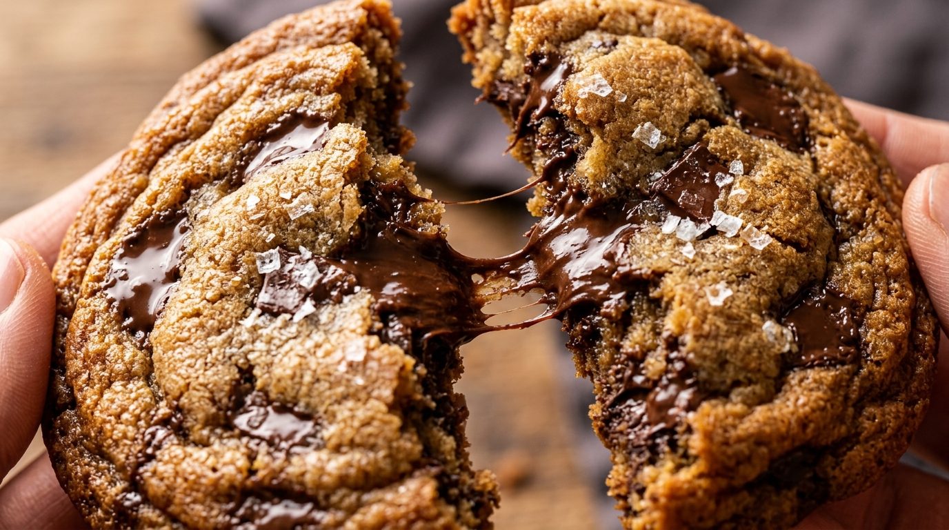 Ultra close-up macro of warm chewy brown butter chocolate chip cookies pulled apart with melted chocolate