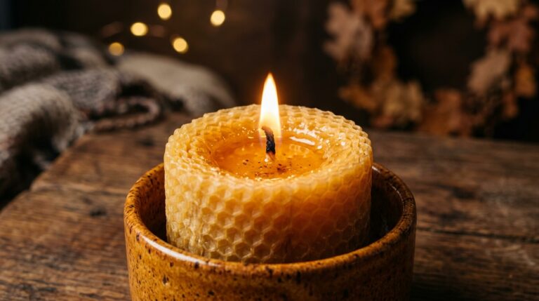 Ultra close-up macro eye-level shot of a pure golden beeswax pillar candle glowing softly with a calm steady flame in an amber ceramic holder