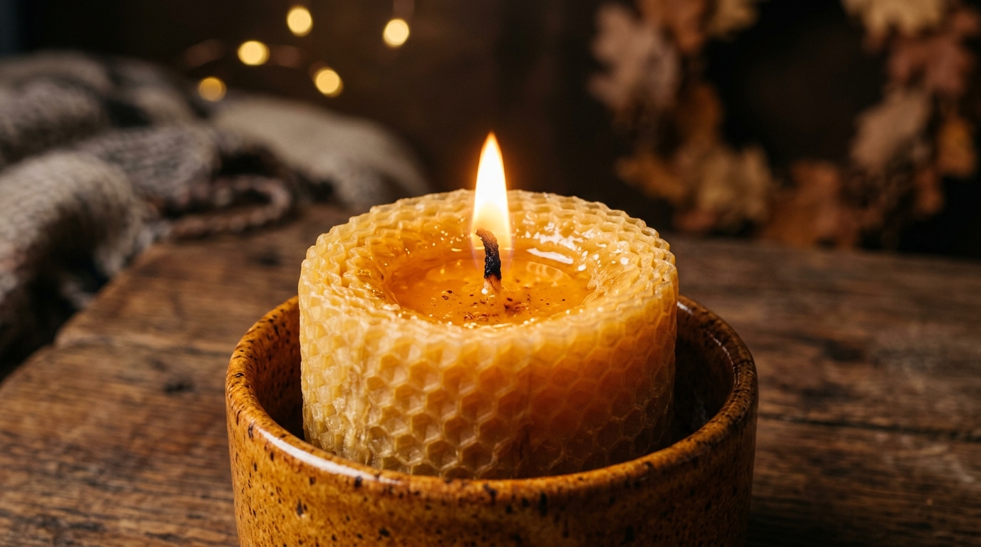 Ultra close-up macro eye-level shot of a pure golden beeswax pillar candle glowing softly with a calm steady flame in an amber ceramic holder