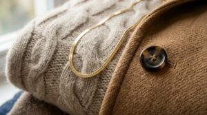 Ultra close-up macro documentary shot of luxury autumn wardrobe textures featuring folded cream cashmere knitwear, camel wool coat fabric, horn button, and delicate gold chain