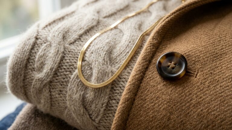 Ultra close-up macro documentary shot of luxury autumn wardrobe textures featuring folded cream cashmere knitwear, camel wool coat fabric, horn button, and delicate gold chain
