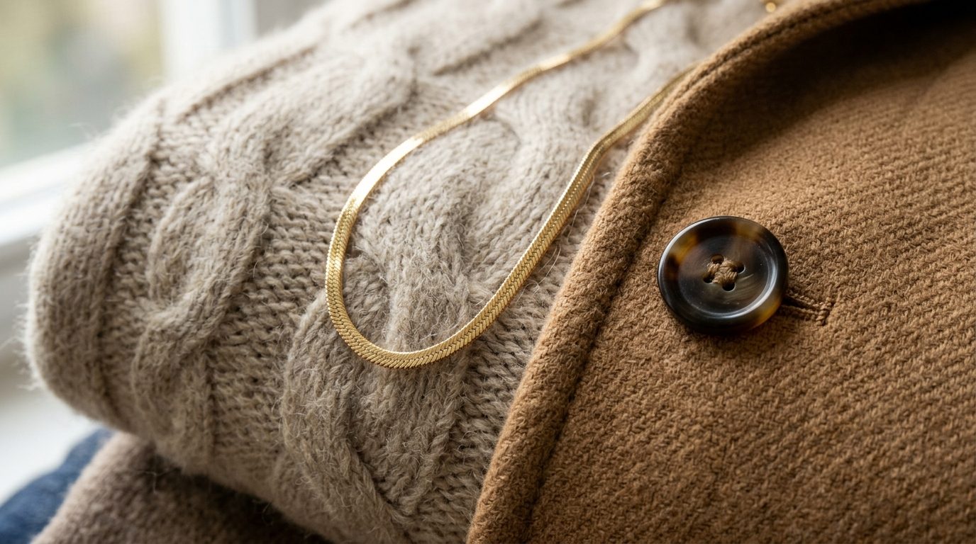 Ultra close-up macro documentary shot of luxury autumn wardrobe textures featuring folded cream cashmere knitwear, camel wool coat fabric, horn button, and delicate gold chain