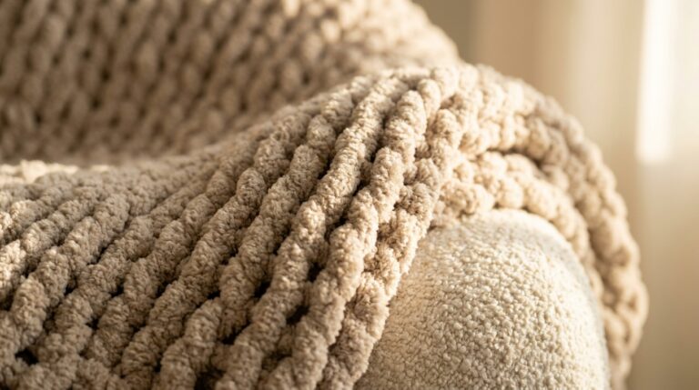Handmade chunky oatmeal crochet throw blanket draped over cream bouclé armchair