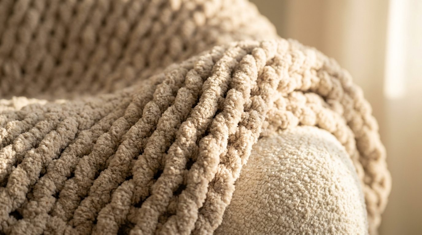 Handmade chunky oatmeal crochet throw blanket draped over cream bouclé armchair