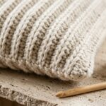 Close-up macro of handmade chunky ribbed crochet cushion cover in natural ecru bulky yarn with deep tactile ridges on travertine workbench