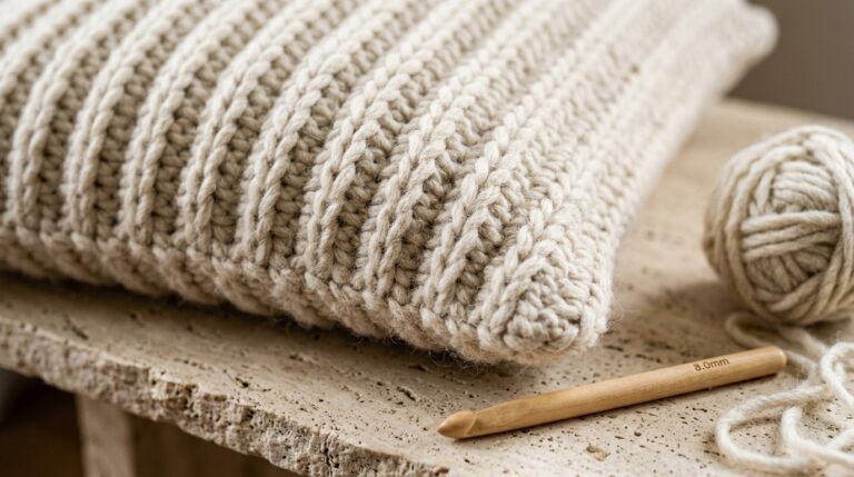 Close-up macro of handmade chunky ribbed crochet cushion cover in natural ecru bulky yarn with deep tactile ridges on travertine workbench