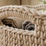 Ultra close-up macro of handmade modern chunky square crochet storage basket in natural ecru cotton cord with 90-degree corner construction