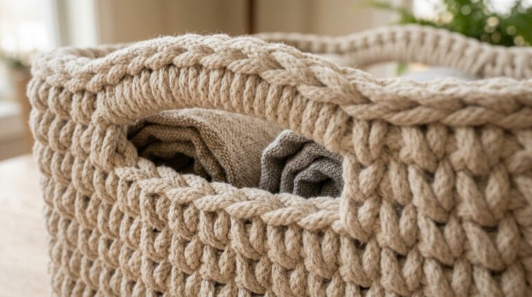 Ultra close-up macro of handmade modern chunky square crochet storage basket in natural ecru cotton cord with 90-degree corner construction