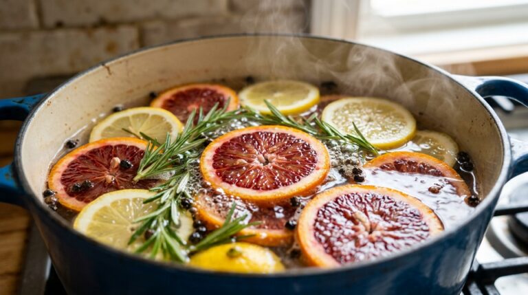 Steaming citrus and rosemary stovetop simmer pot with sliced blood oranges and fresh herbs bubbling gently