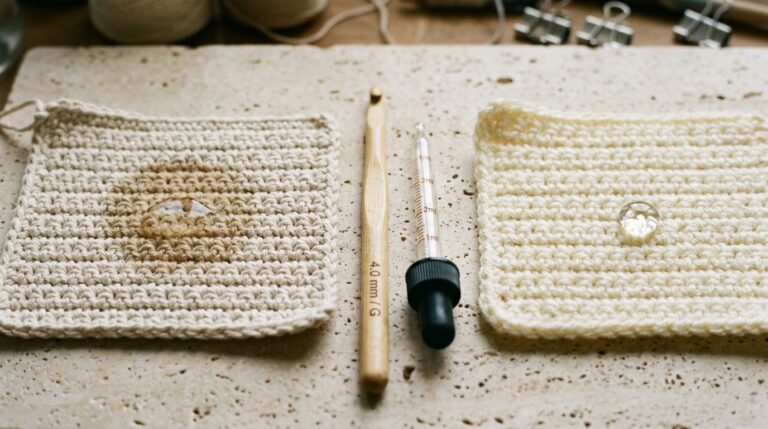 Side-by-side comparison of unmercerized cotton crochet swatch absorbing water versus acrylic swatch with beading water on travertine