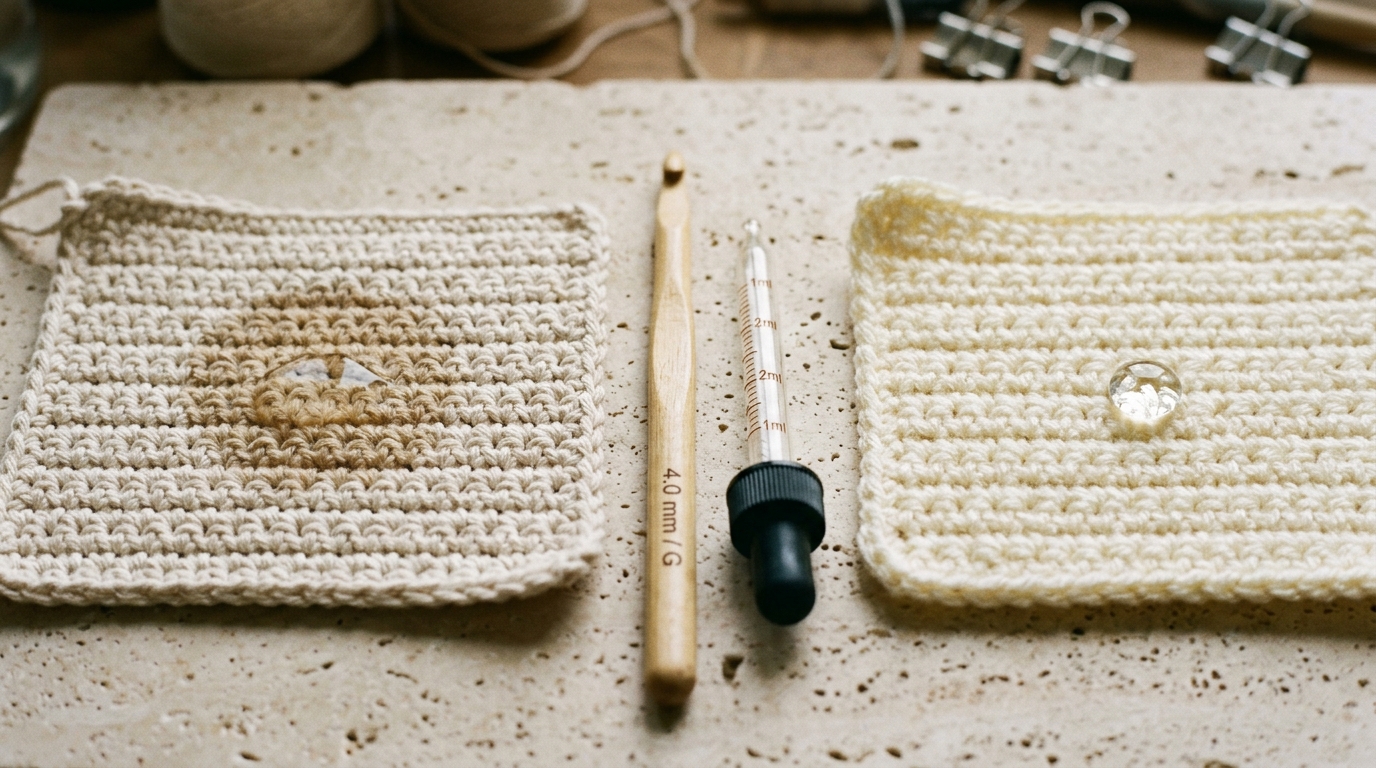 Side-by-side comparison of unmercerized cotton crochet swatch absorbing water versus acrylic swatch with beading water on pale travertine
