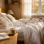 Cozy autumn morning routine setup with a steaming mug on a wooden tray, linen bedding, and soft golden sunlight