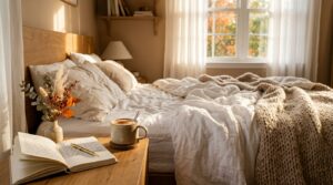 Cozy autumn morning routine setup with a steaming mug on a wooden tray, linen bedding, and soft golden sunlight