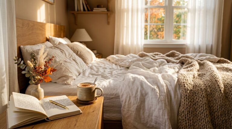 Cozy autumn morning routine setup with a steaming mug on a wooden tray, linen bedding, and soft golden sunlight