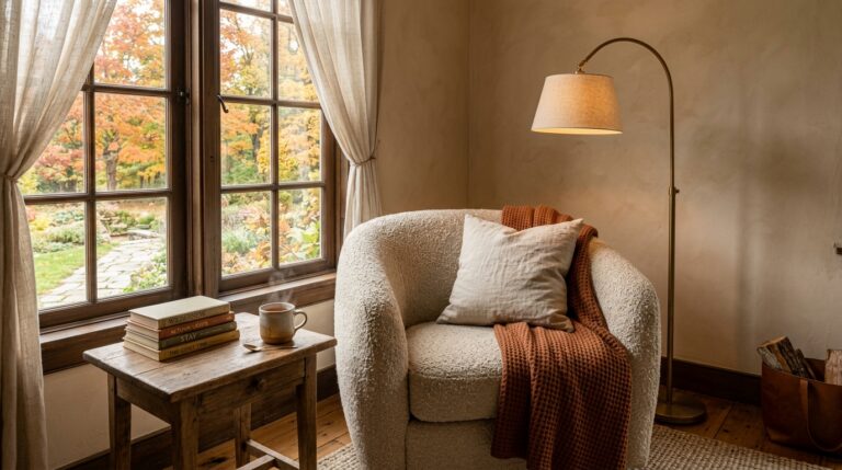 Cozy fall reading nook corner with boucle armchair plaid throw warm lamp and steaming tea