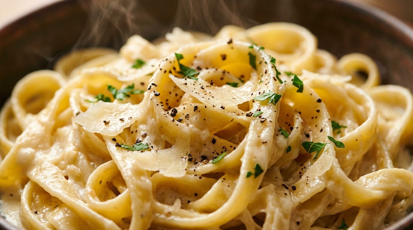 Ultra close-up macro of glossy ribbons of fettuccine pasta coated in velvety garlic parmesan cream sauce