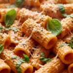 Ultra close-up macro of creamy tomato basil rigatoni pasta coated in silky pink sauce