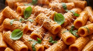 Ultra close-up macro of creamy tomato basil rigatoni pasta coated in silky pink sauce