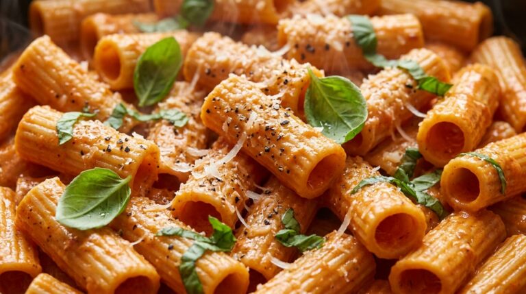 Ultra close-up macro of creamy tomato basil rigatoni pasta coated in silky pink sauce