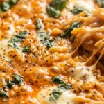 Ultra close-up macro food photography of bubbling creamy tomato orzo pasta with molten mozzarella cheese and baby spinach simmering in a skillet