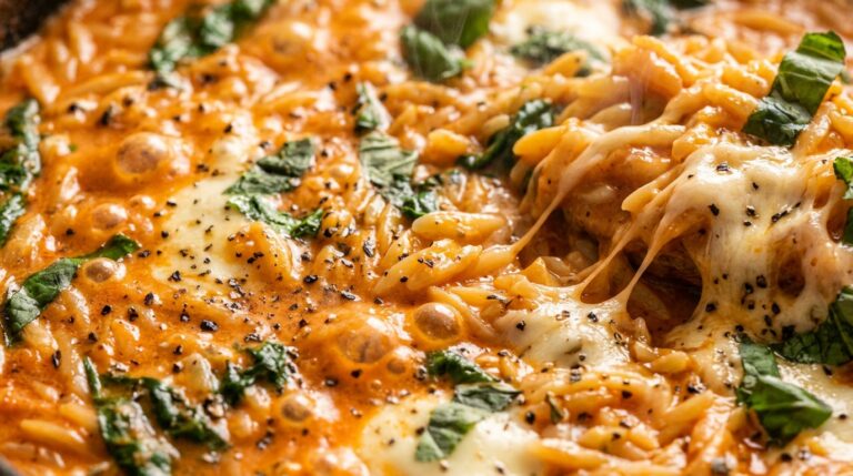 Ultra close-up macro food photography of bubbling creamy tomato orzo pasta with molten mozzarella cheese and baby spinach simmering in a skillet