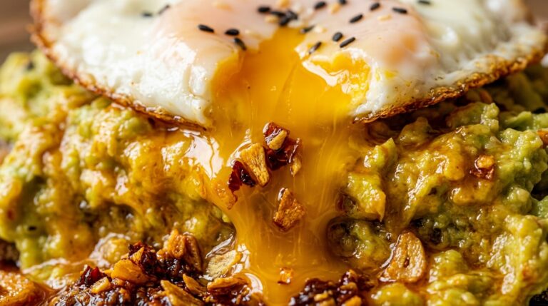 Ultra close-up macro shot of runny egg yolk cascading over seasoned mashed avocado and crispy chili crisp oil