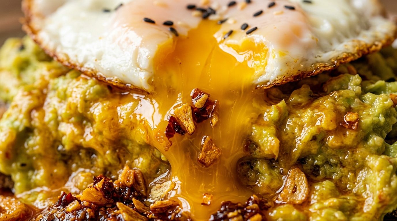 Ultra close-up macro shot of runny egg yolk cascading over seasoned mashed avocado and crispy chili crisp oil