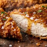 Ultra close-up macro of crispy golden fried chicken cutlet glazed with hot honey butter
