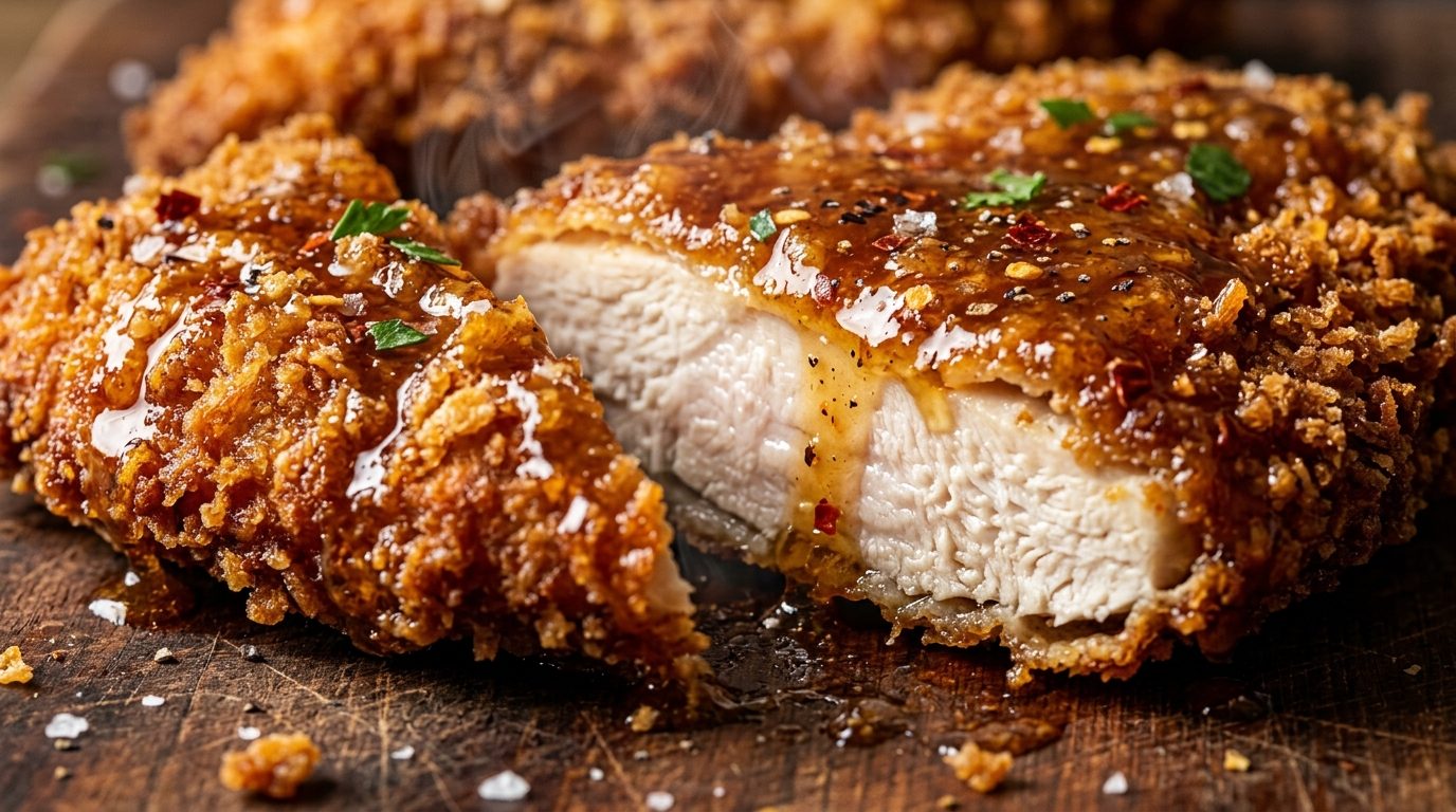 Ultra close-up macro of crispy golden fried chicken cutlet glazed with hot honey butter