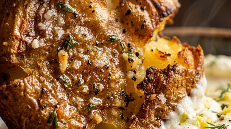 Ultra close-up macro of crispy golden smashed baby Yukon potato dipping into velvety lemon whipped feta dip
